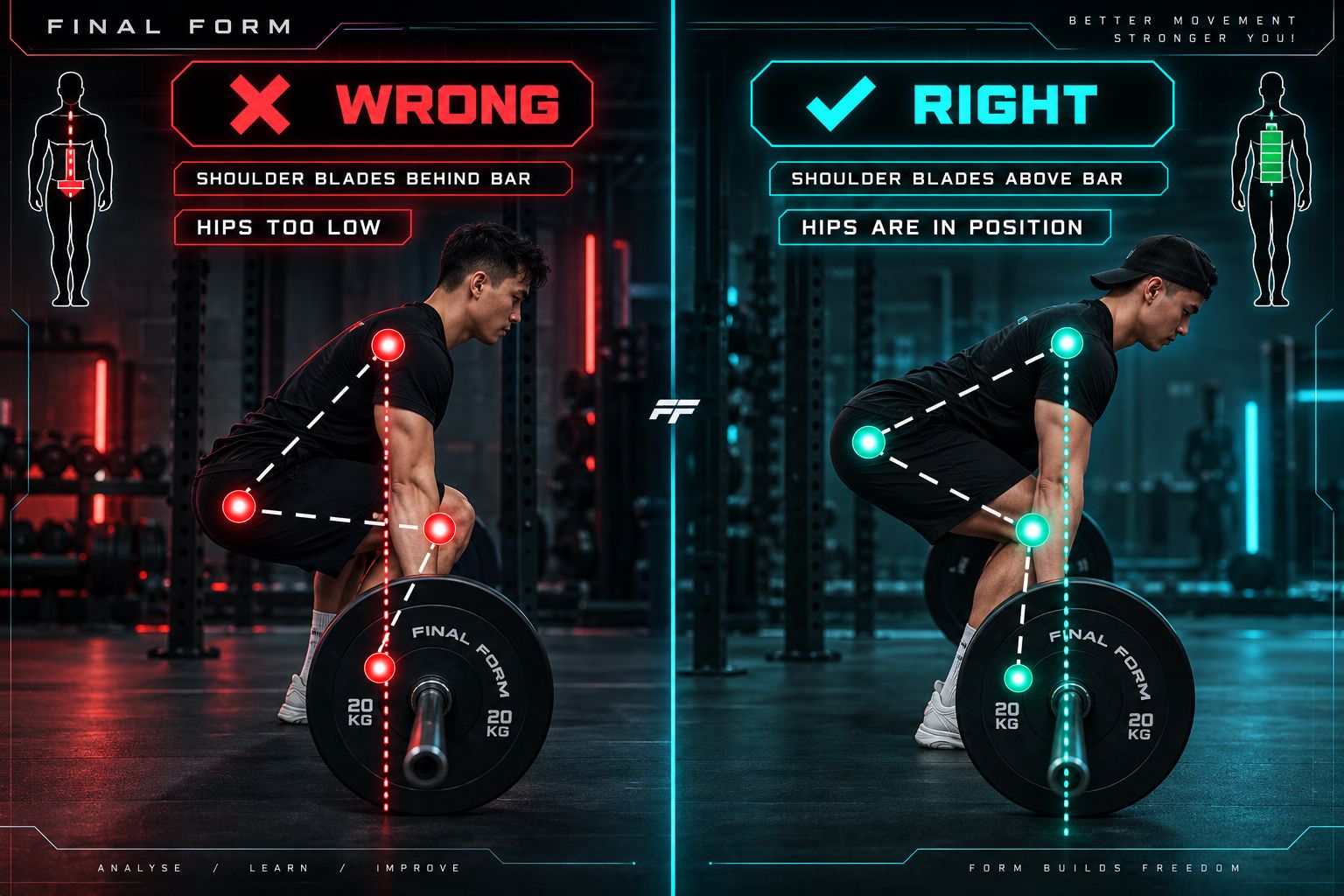 side-by-side comparison of hips shooting up fault (left: hips rise before bar moves) vs correct execution (right: bar breaks floor before hip angle changes), dark background, side-on angle