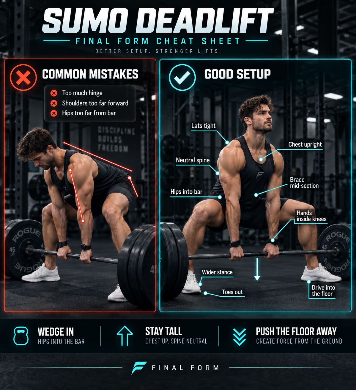 side-by-side of conventional and sumo setup at the floor, dark background, highlighting back angle difference, shin angle, and hip width