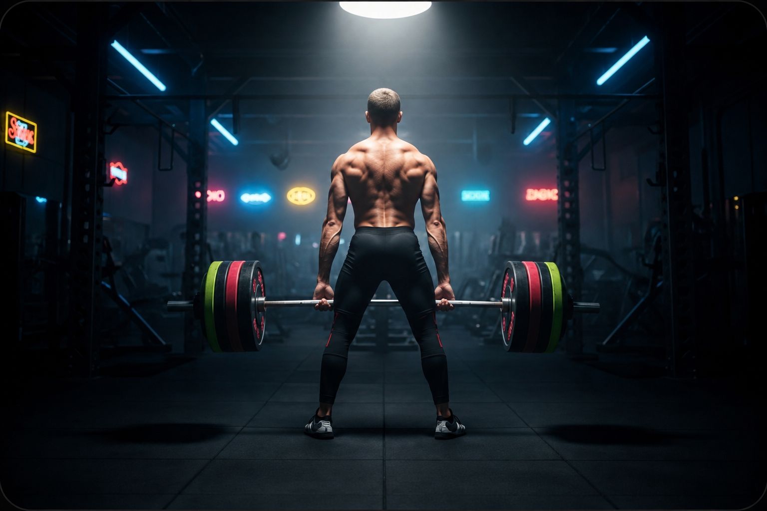lifter at lockout position, standing tall, bar at hip height, neutral spine visible, dark gym, overhead light, the image of strength through correct position