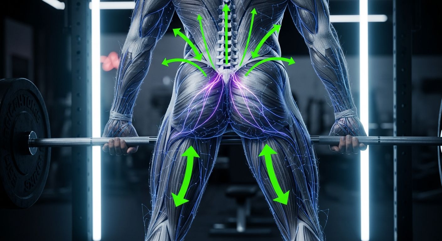 anatomical diagram suggestion: posterior view of lifter showing hamstrings, glutes, and erector spinae highlighted, bar position shown, arrows indicating direction of muscle force