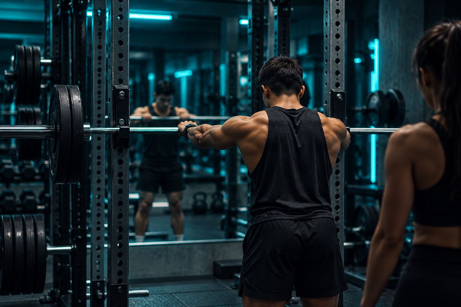 powerlifter at the top of a max squat, face under significant effort, fully locked out, dark gym, overhead spot, crowd implied in background bokeh