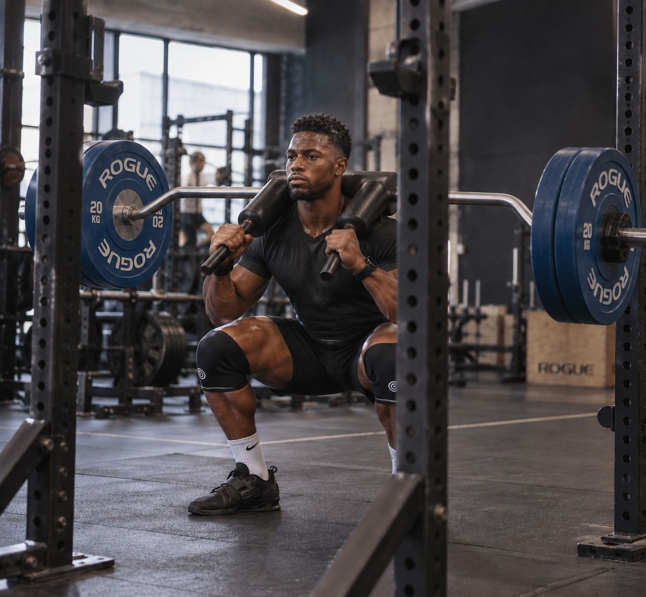 safety squat bar close-up on lifter's back, yoke visible over shoulders, handles in front, dark gym, overhead spot, showing the unique bar geometry