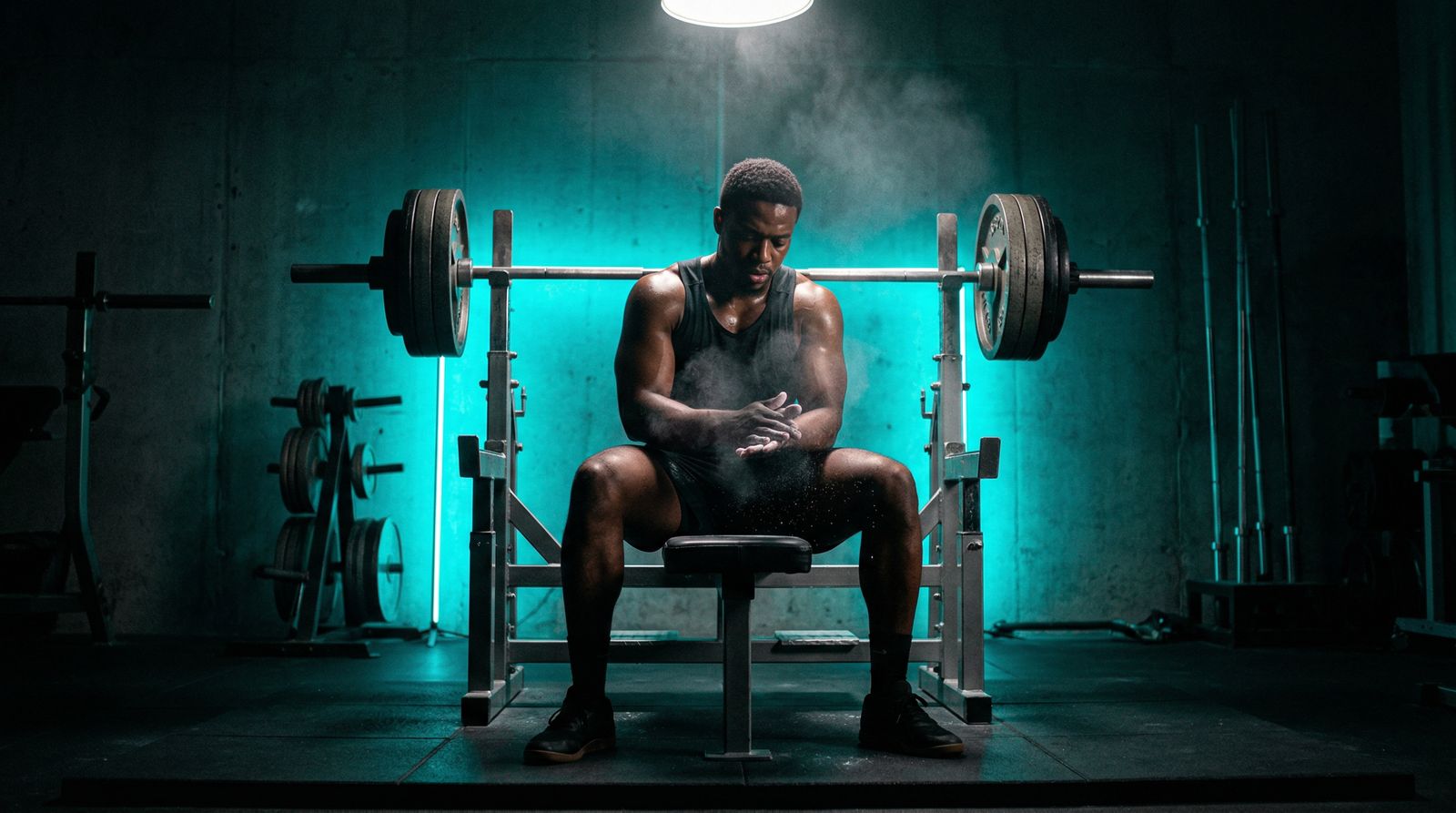Athlete setting up for bench press under teal cyberpunk gym lighting