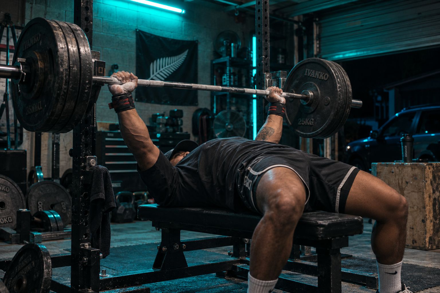 Athlete pressing barbell at midpoint under teal cyberpunk gym lighting