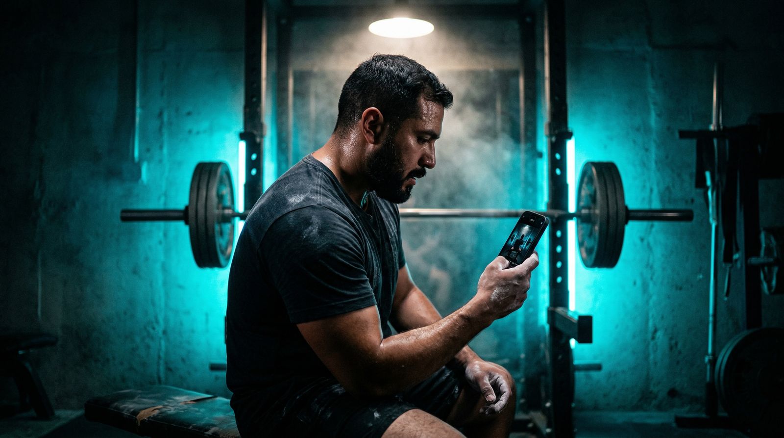 Athlete correcting bench press form under teal cyberpunk gym lighting