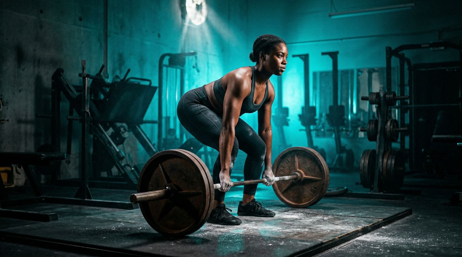 Athlete setting up for conventional deadlift under teal cyberpunk gym lighting