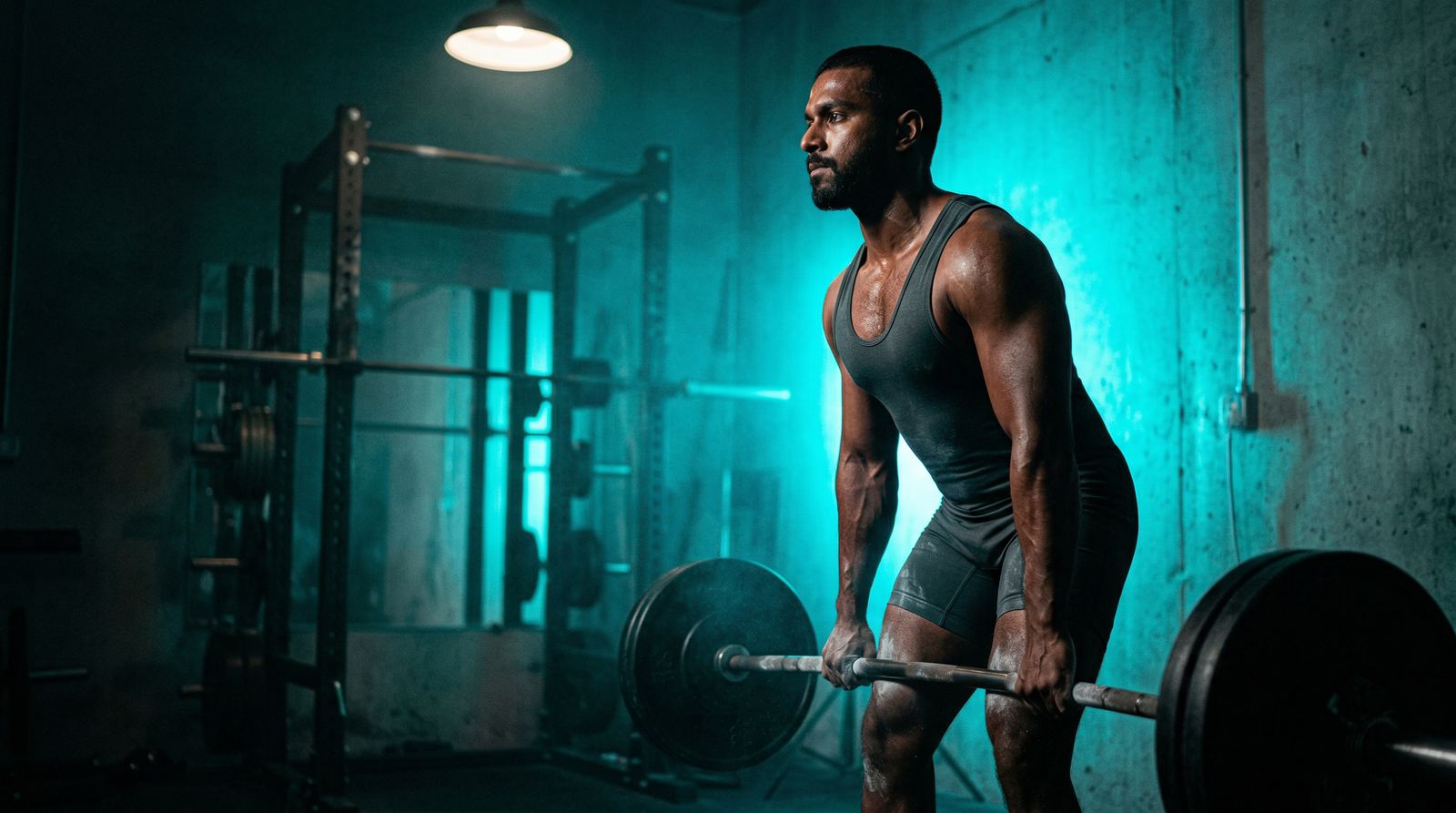 Athlete pulling heavy deadlift with neutral spine under teal cyberpunk gym lighting