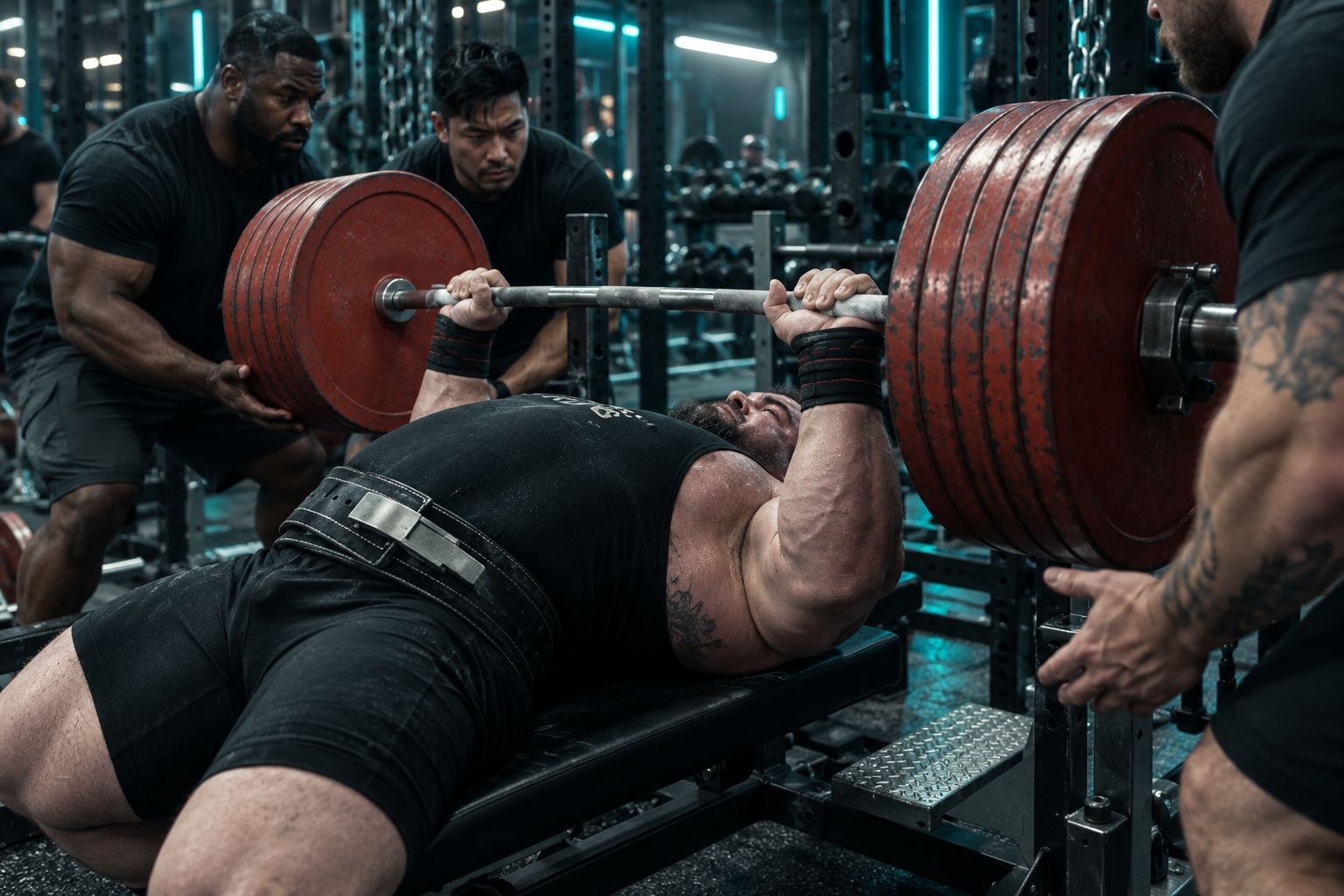 Elite athlete performing competition bench press under teal cyberpunk gym lighting