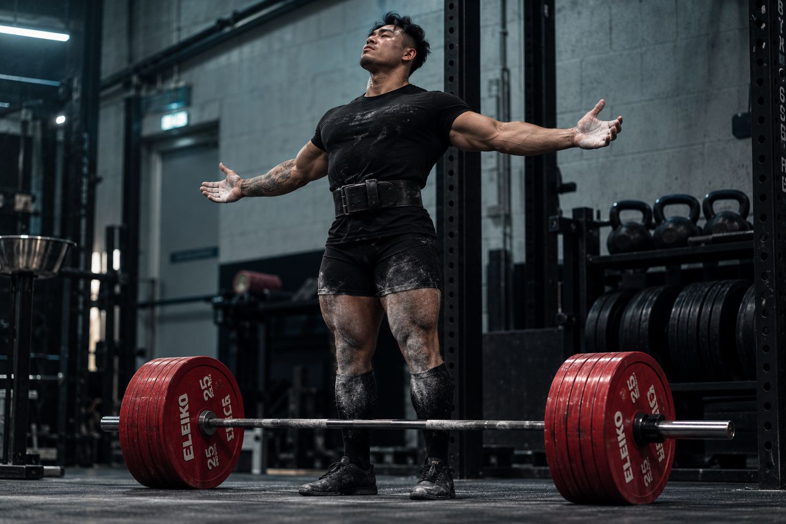 Elite athlete pulling heavy deadlift under teal cyberpunk gym lighting