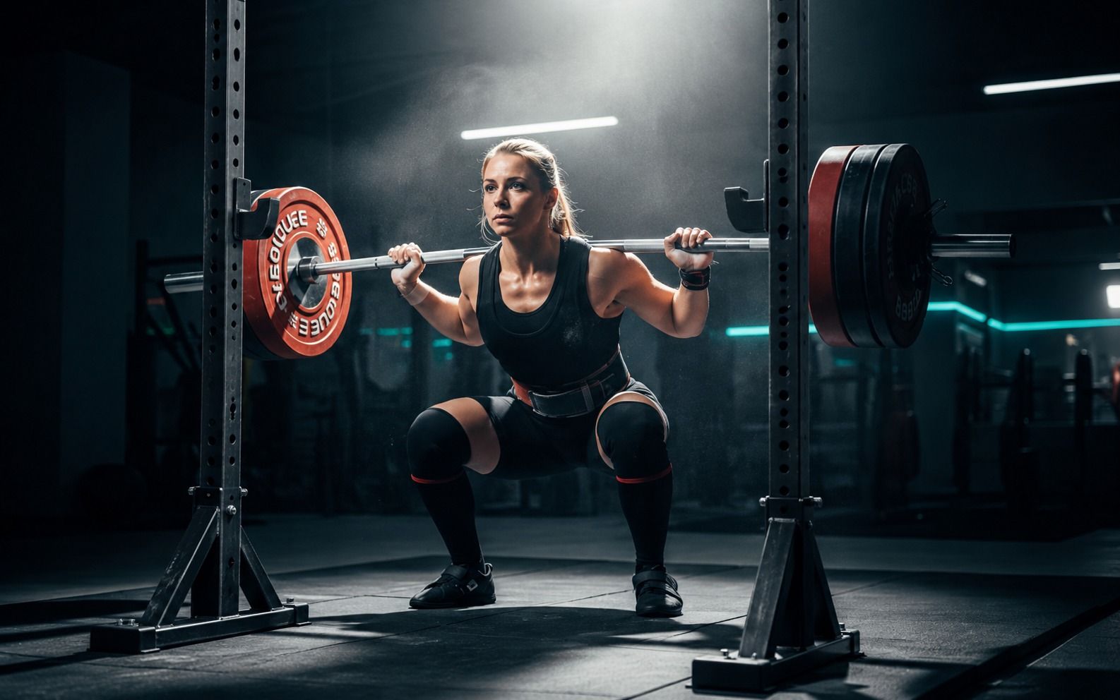 Athlete performing competition low bar back squat at parallel