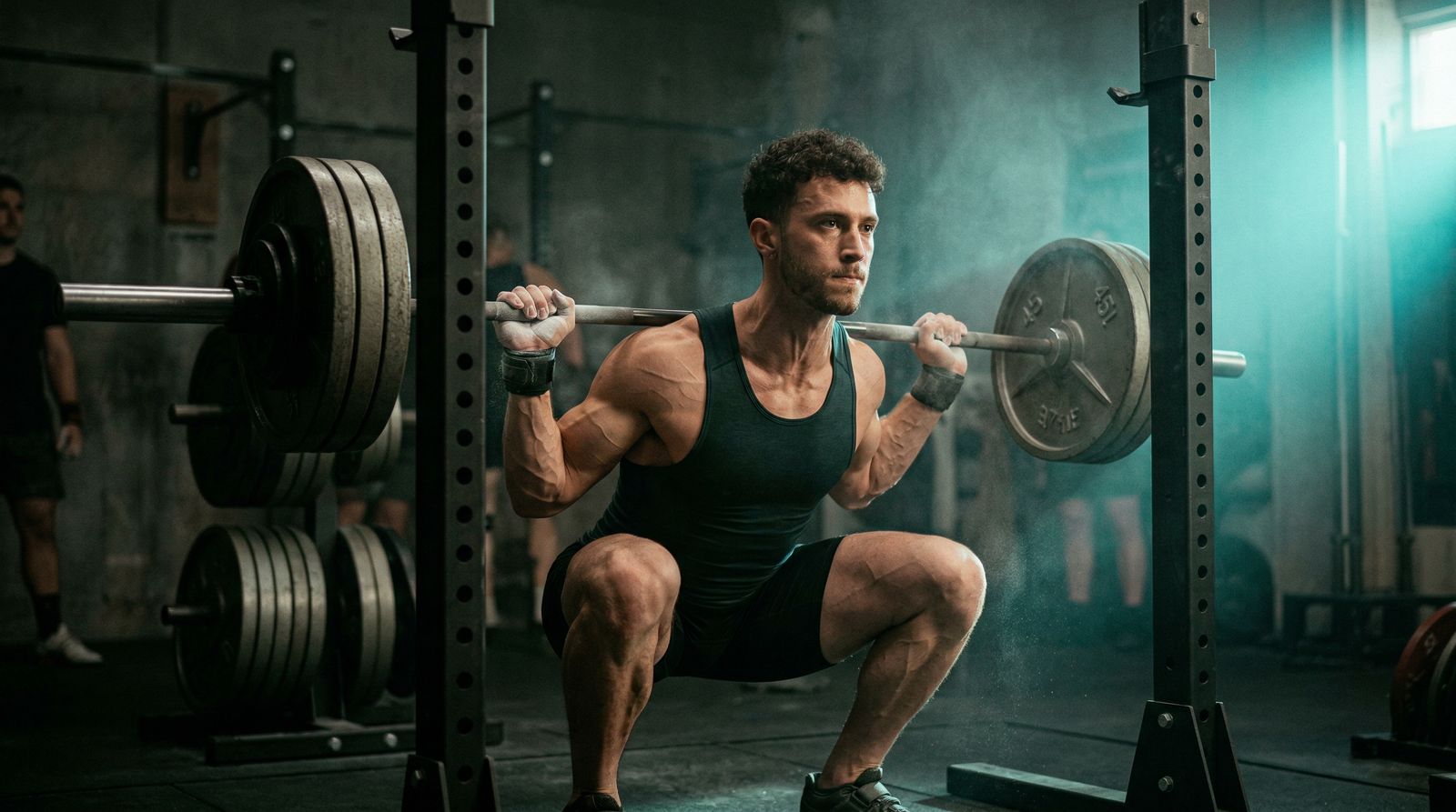 Athlete eating from meal prep containers in gym changing room