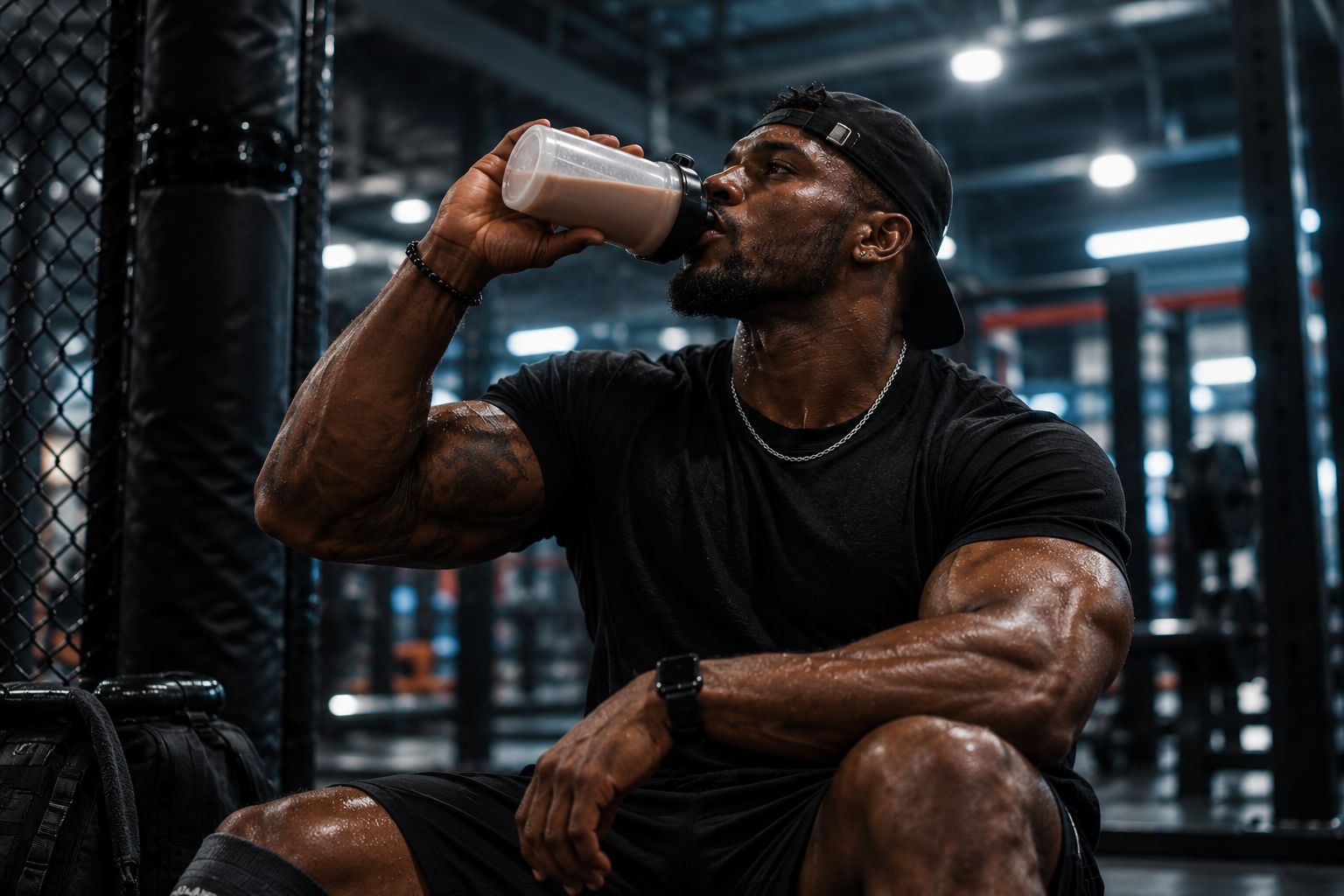 Athlete eating from meal prep containers in gym changing room