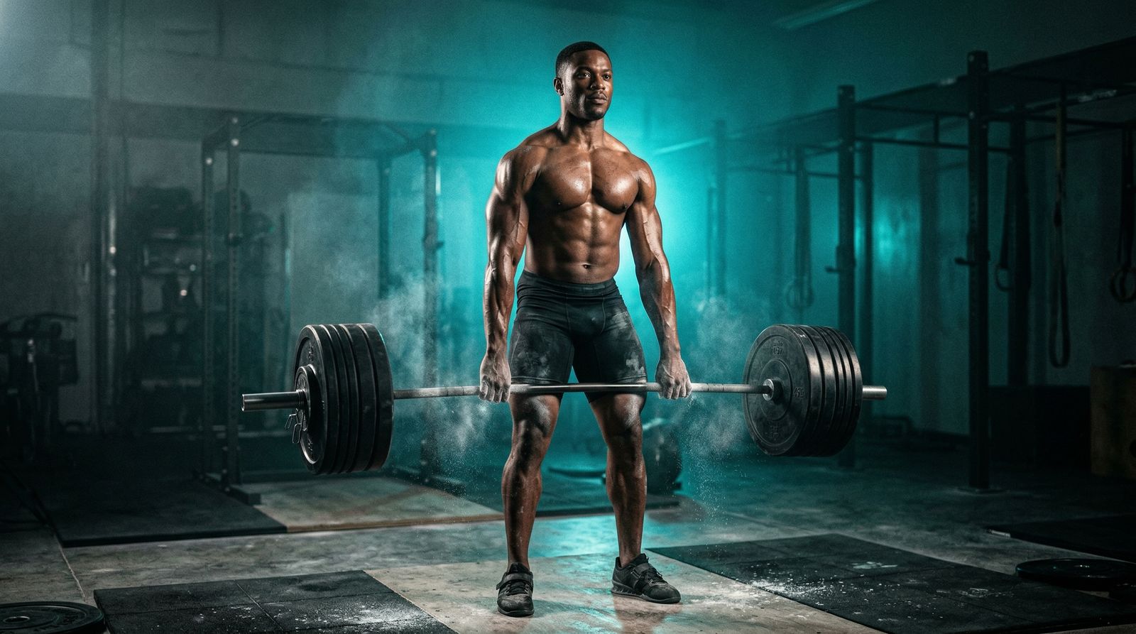 Athlete performing a heavy barbell squat in a powerlifting gym