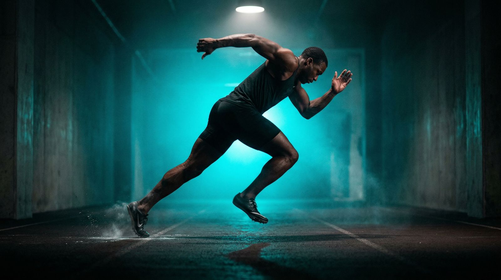 Athlete sprinting on track under teal cyberpunk lighting