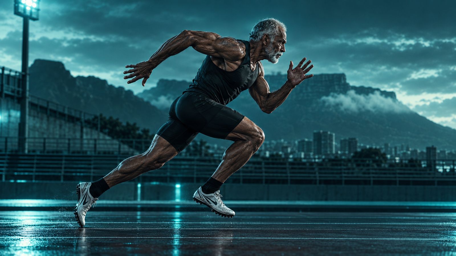 Mature athlete stretching on track under teal cyberpunk lighting