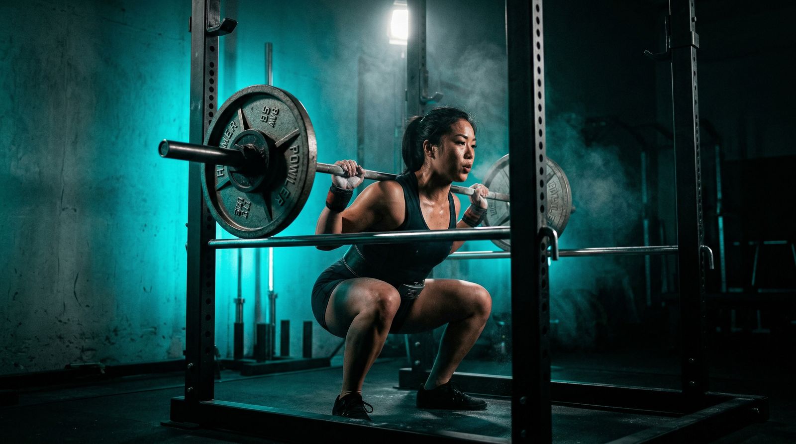 Athlete performing deep squat under teal cyberpunk gym lighting