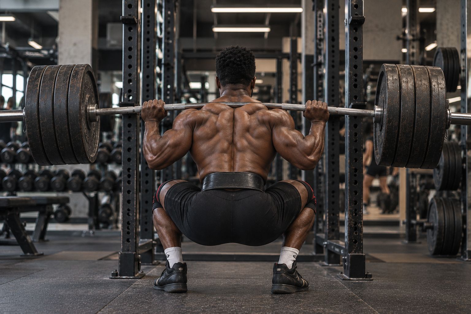 Athlete performing competition low bar back squat at parallel