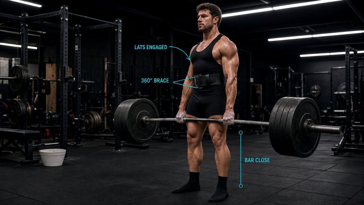 lifter at lockout, standing tall, bar at hip height, hips fully extended, dark gym background, chalk dust on shins from bar contact throughout the pull
