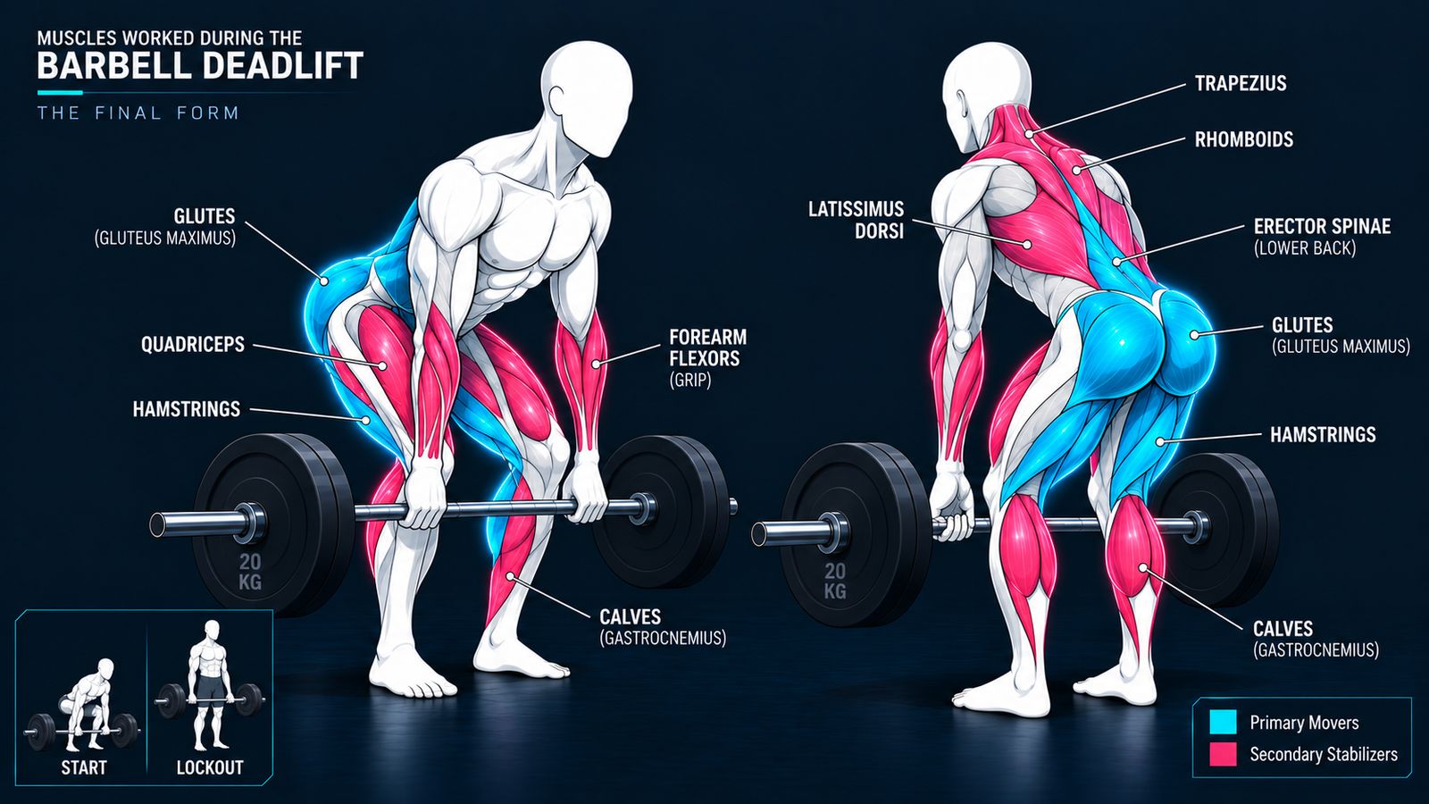 side-on view of lifter in the setup position, shins close to bar, hips above knees, shoulders over bar, back angle established, arms vertical
