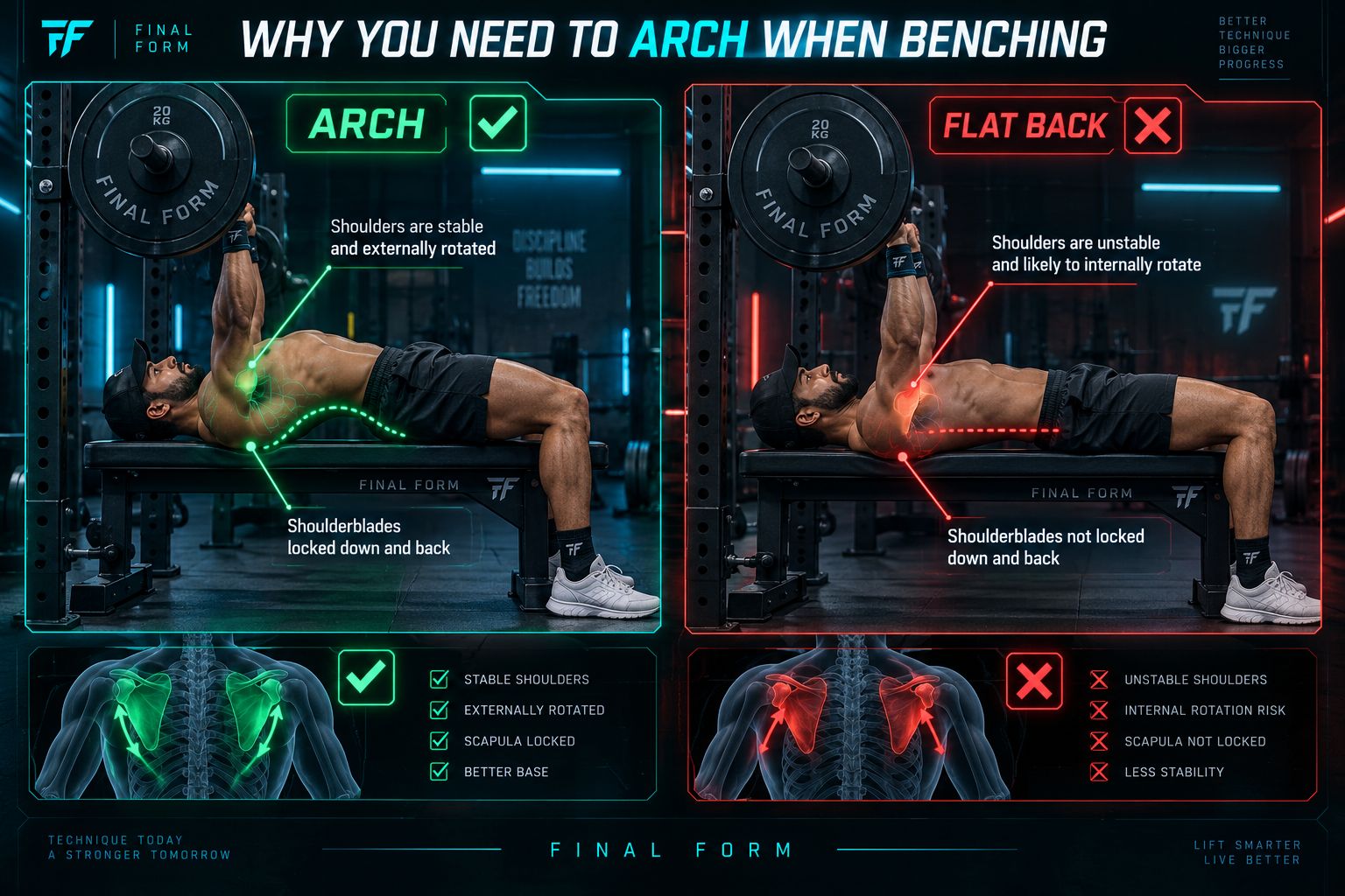 side view comparison: thoracic arch with chest elevated vs. flat bench setup, showing bar path length difference