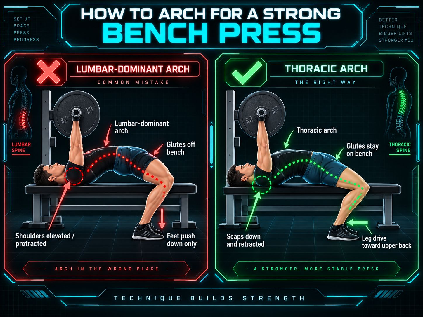 side view of thoracic arch setup on bench vs. lumbar-bridge setup, with anatomical overlays showing mid-spine position difference