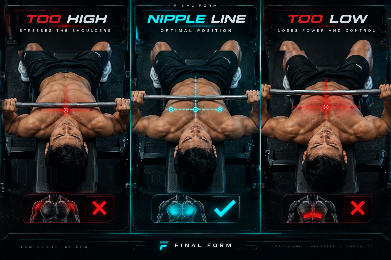 three-panel bench touch-point comparison: Too High, Nipple Line, Too Low — bar position relative to nipple line