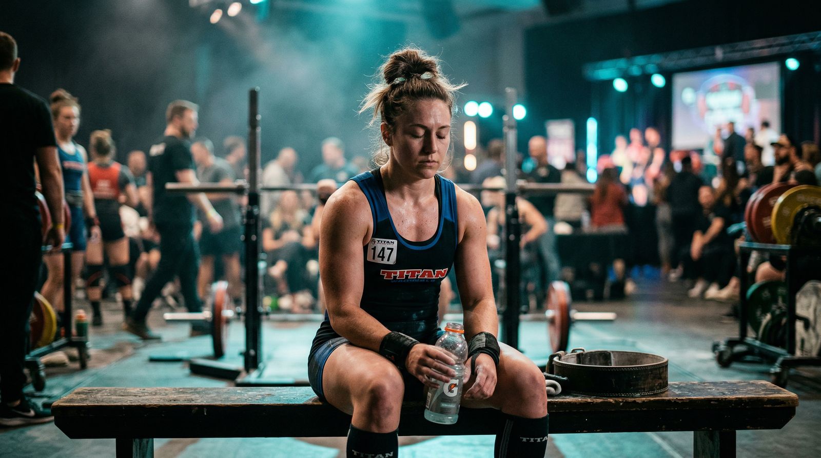 lifter between attempts, seated with eyes closed, sports drink in hand, quiet moment amid competition chaos, competition numbers visible on singlet