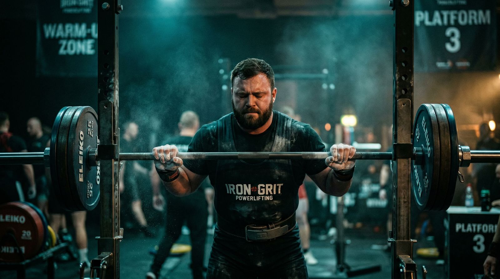 lifter at warm-up room rack, focused expression, chalk dust visible in air, other lifters blurred behind, deliberate framing that isolates them psychologically