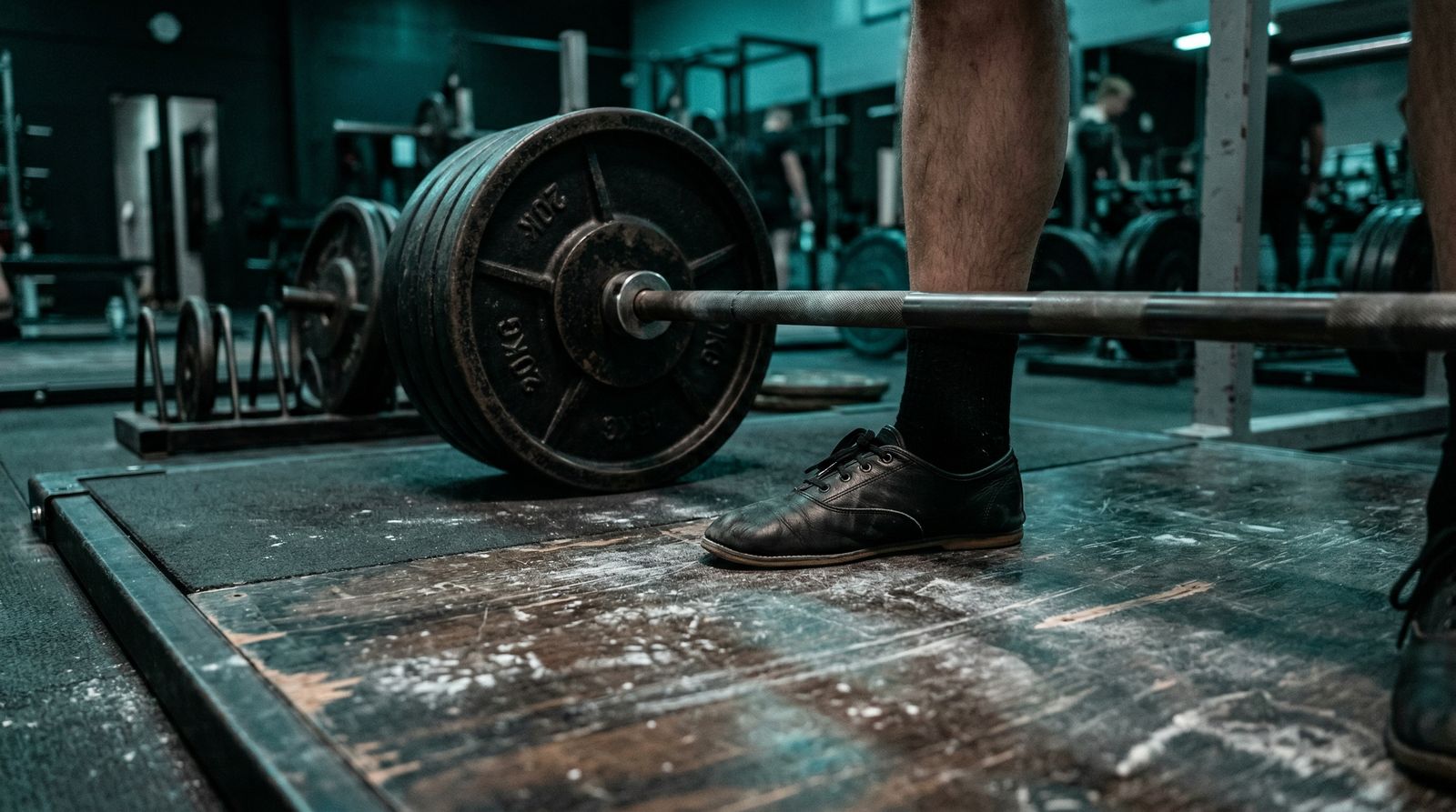 close-up, side angle, barbell positioned over mid-foot, chalk on the floor, laces of lifting slipper visible beneath the bar for reference