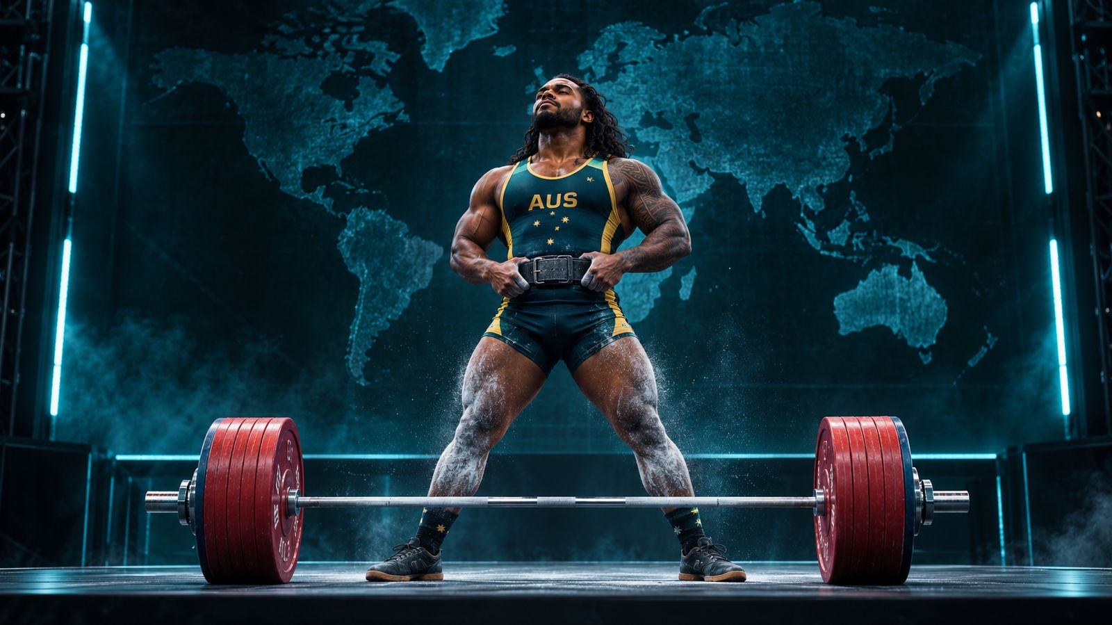 lifter chalking hands with deliberate focus before a heavy attempt, dark gym background, chalk dust in air, the image of preparation not desperation