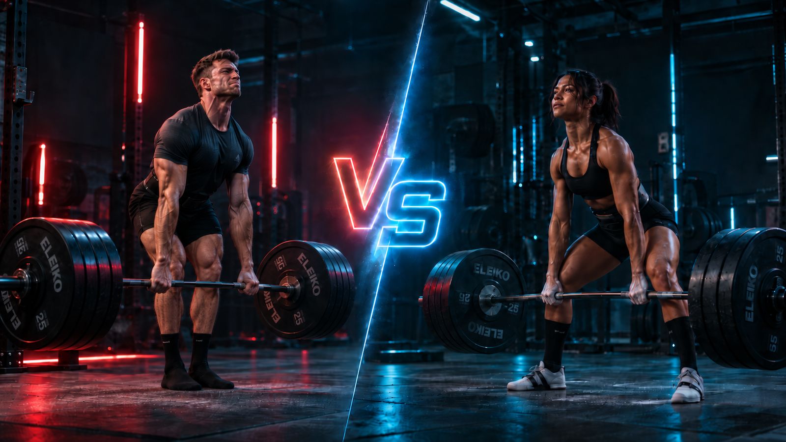 side-by-side conventional vs sumo deadlift setup at the floor, dark background, highlighting back angle, shin angle, and hip width