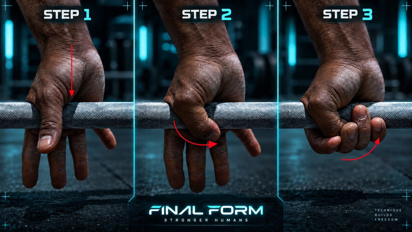 close-up of hook grip from above, thumb wrapped around bar, two fingers overlapping the thumb, bar seated at base of fingers, chalk on both, correct anatomical position visible