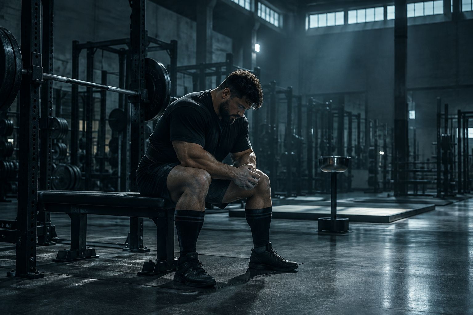 lifter alone in an empty gym at night, bar loaded, chalk on hands, training log open on the floor beside the platform
