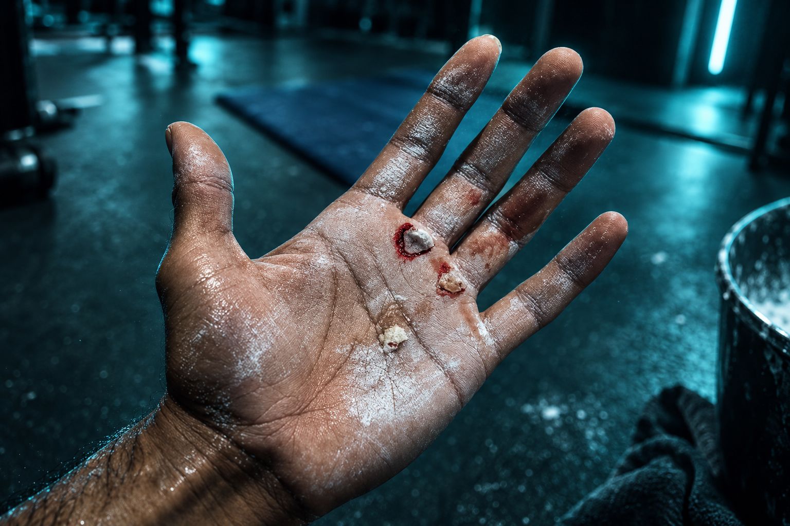 close-up of hands gripping a loaded barbell, chalk and sweat on the knurling, tight framing, nothing visible except the hands and the bar