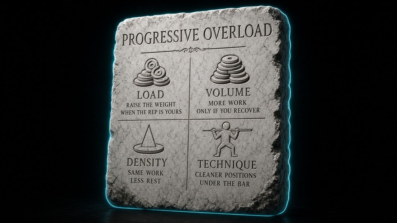 four panels showing the four overload dimensions: load arrow pointing up on barbell, volume as accumulating set boxes, density as clock with fewer rest periods, technique as side-profile squat images improving across time