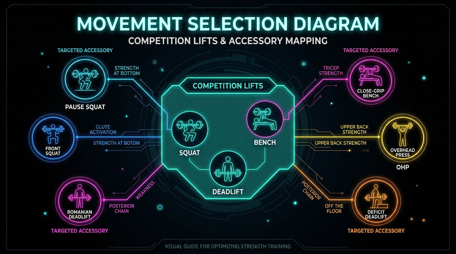 movement selection diagram showing the competition lifts at centre, surrounded by targeted accessories mapped to specific weaknesses: pause squat, Romanian deadlift, close-grip bench, and others