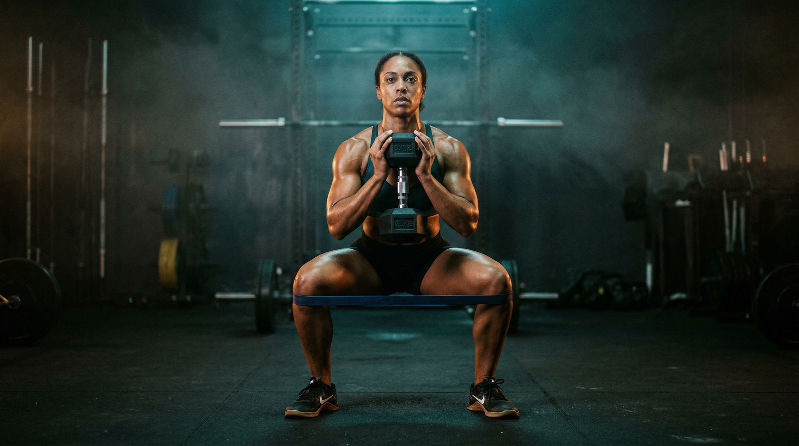 front-on view of lifter with resistance band above knees, performing a goblet squat, dark background, dramatic overhead light, knees visibly tracking outward over toes