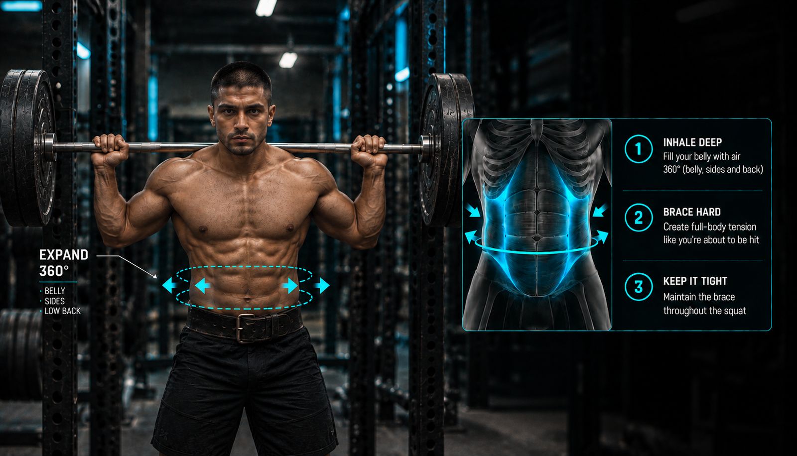 close-up of lifter's midsection with belt, visible bracing, side-on profile, studio lighting against dark background