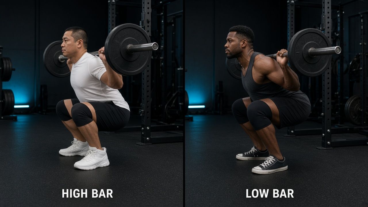 side-by-side of long-femur lifter vs short-femur lifter at depth, same bar position, dramatically different torso angles, both with bar over mid-foot, dark gym, side-on angle
