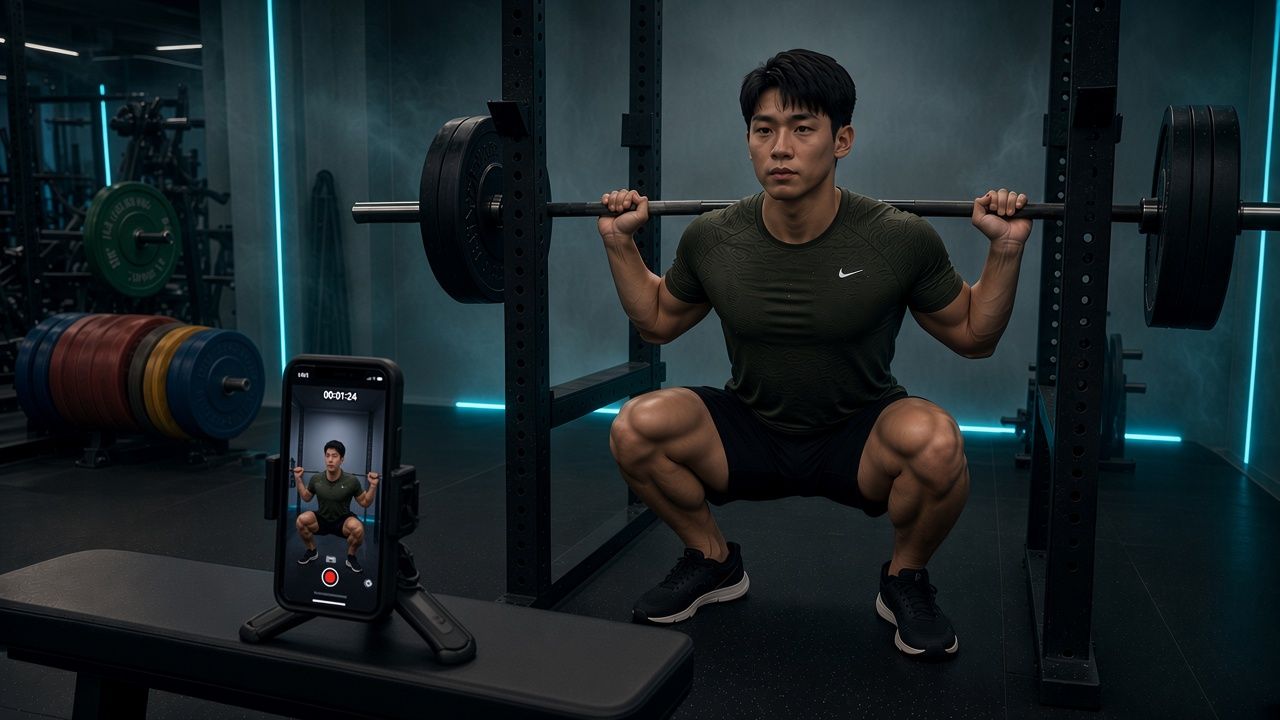 camera setup positioned at lifter's side, dark gym, single ring light, lifter preparing to squat, representing the self-filming diagnostic process