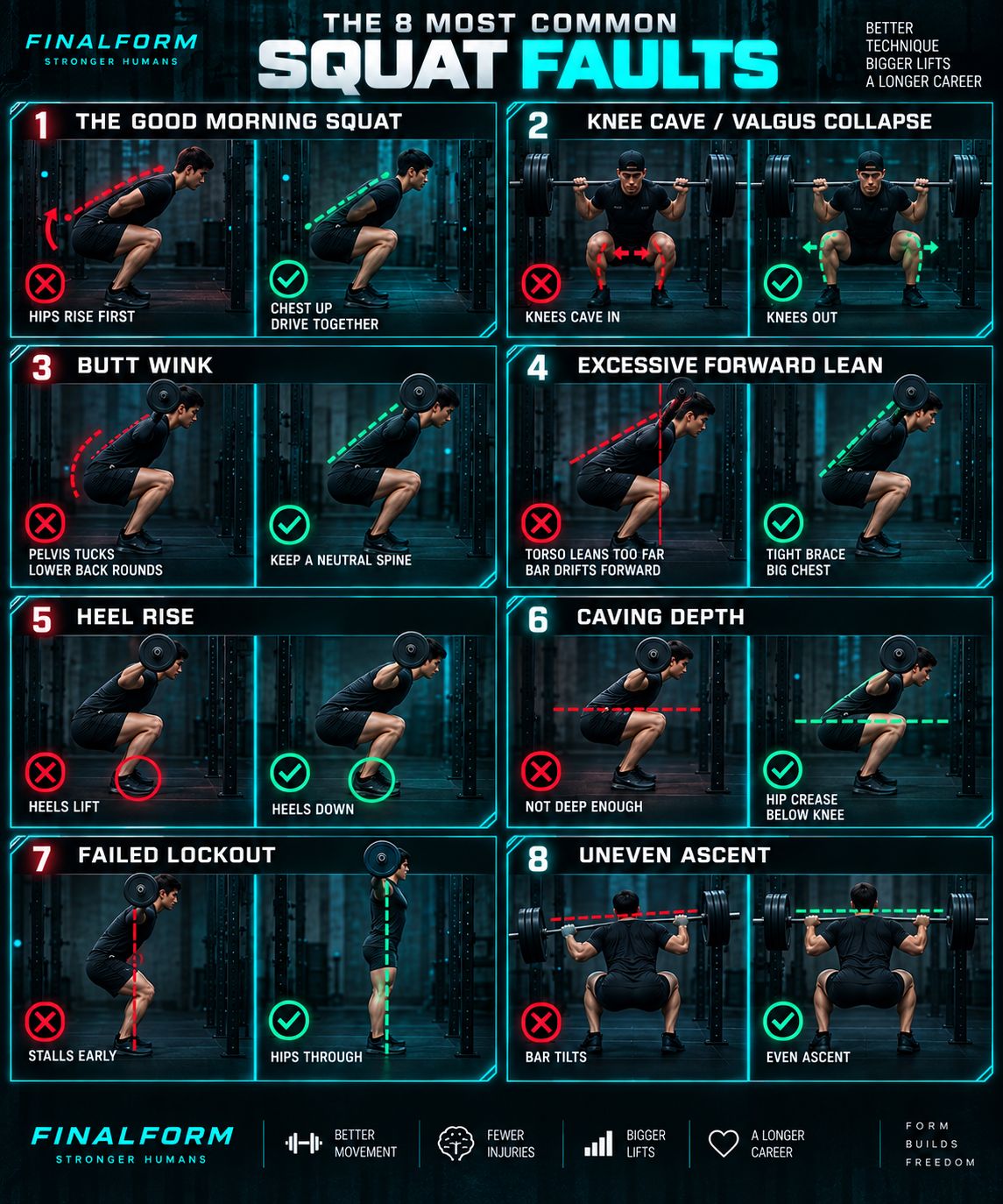 side-on view of lifter at the bottom of a squat, hip crease clearly at parallel for comparison, arrow marking the hip crease position relative to the knee, dark background