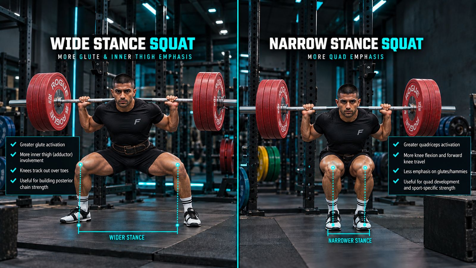 wide stance vs narrow stance comparison from front angle, dark background, highlighting knee tracking direction over toes