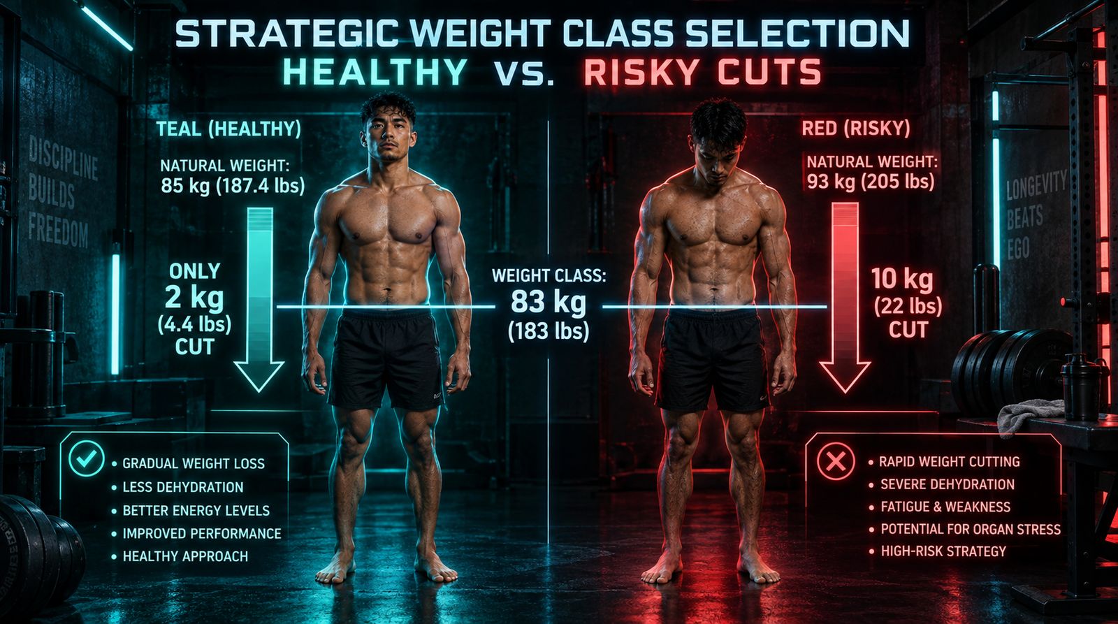 two silhouettes at the same weight class marker, one with an arrow showing a 2kg cut from natural weight, one showing a 10kg cut, clean infographic style illustrating the strategic difference