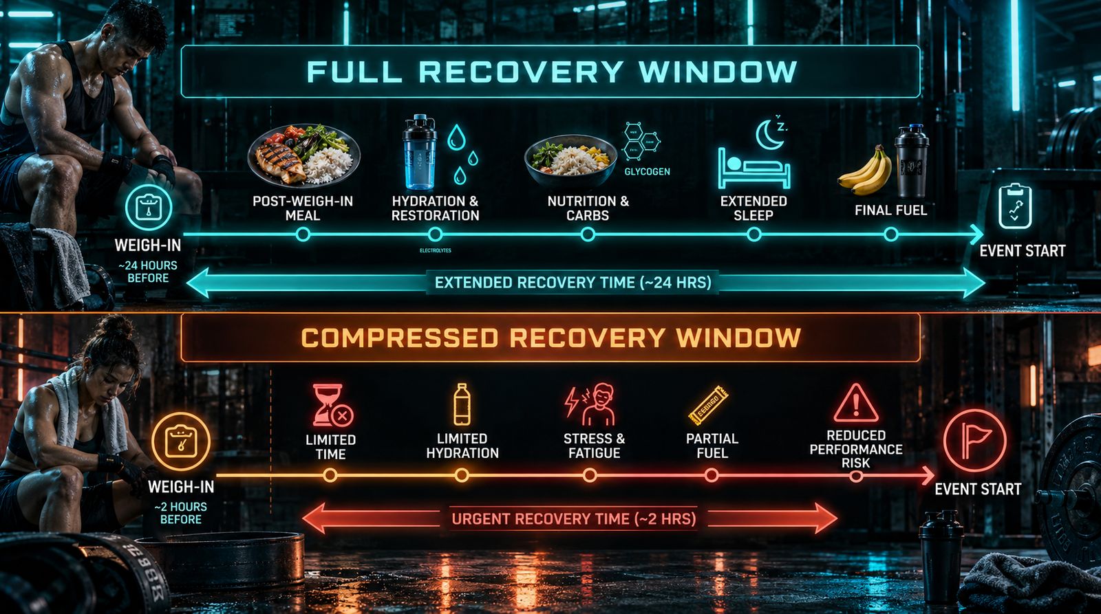 timeline comparison: 24-hour weigh-in showing full recovery window vs 2-hour weigh-in showing partial recovery before competing, visual disparity obvious