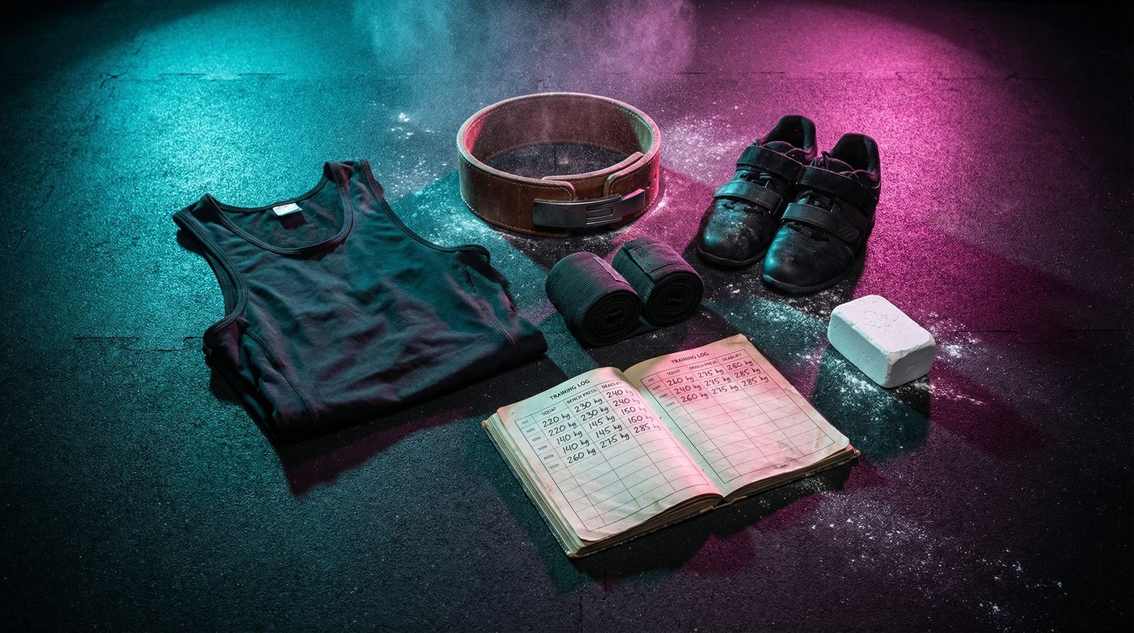 competition equipment laid out the night before: singlet, belt, shoes, wraps, chalk block, training log with attempts written, dark moody flat-lay
