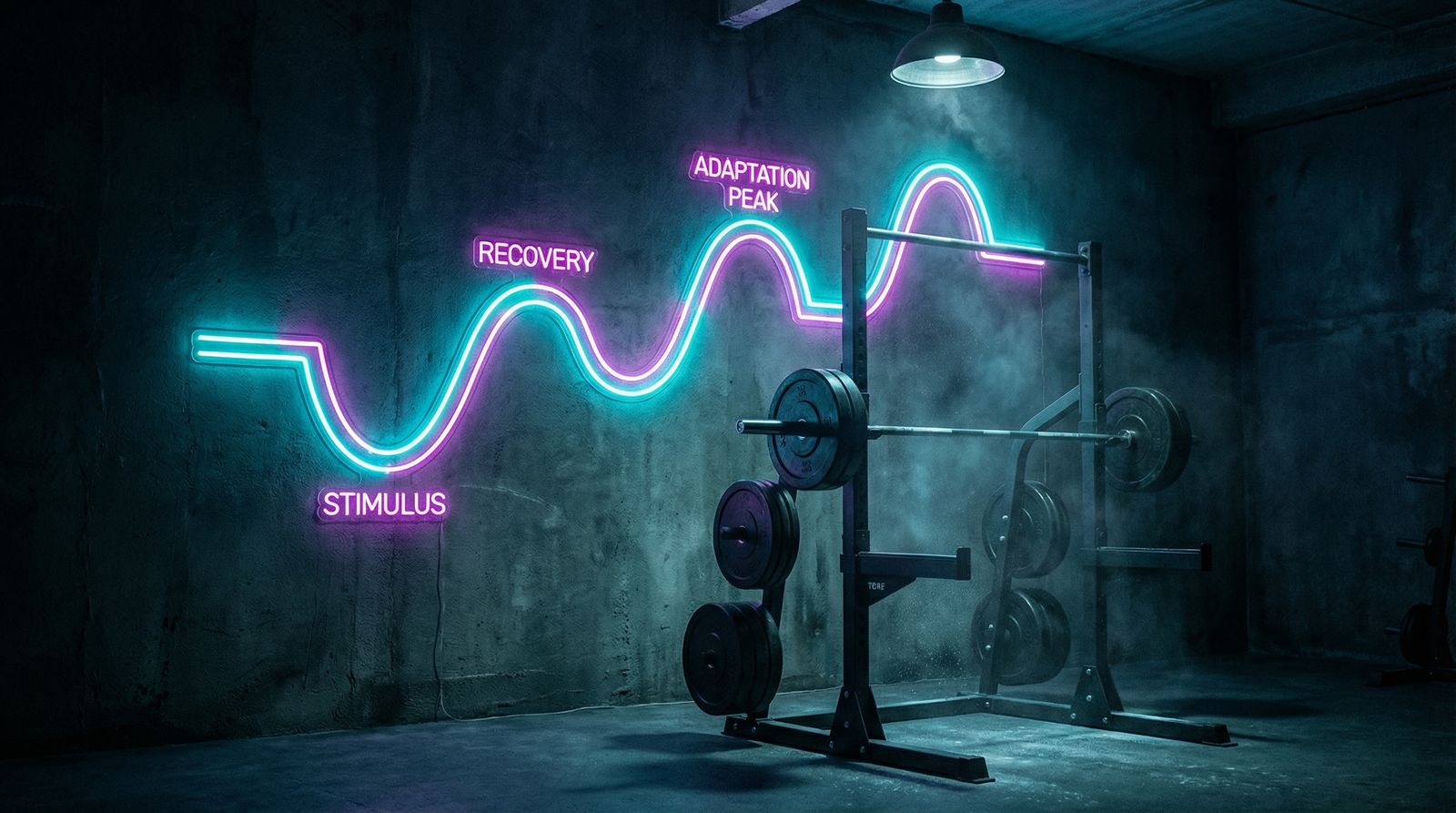 SRA cycle diagram: stimulus, fatigue/recovery phase, adaptation peak, with labels showing fitness level rising across three complete cycles