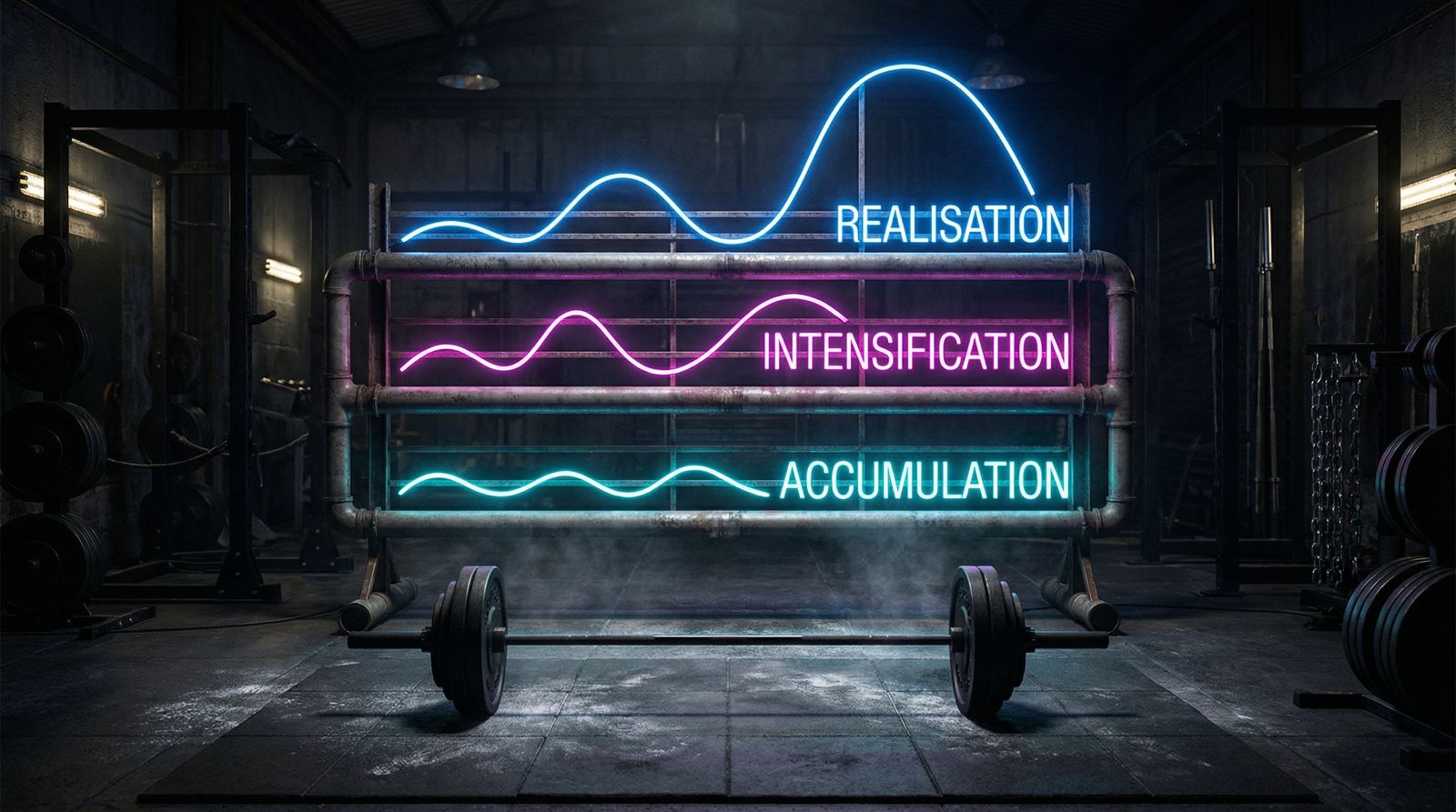graphic showing a wave pattern of volume and intensity across a training cycle, with labels for accumulation, intensification, and realisation phases
