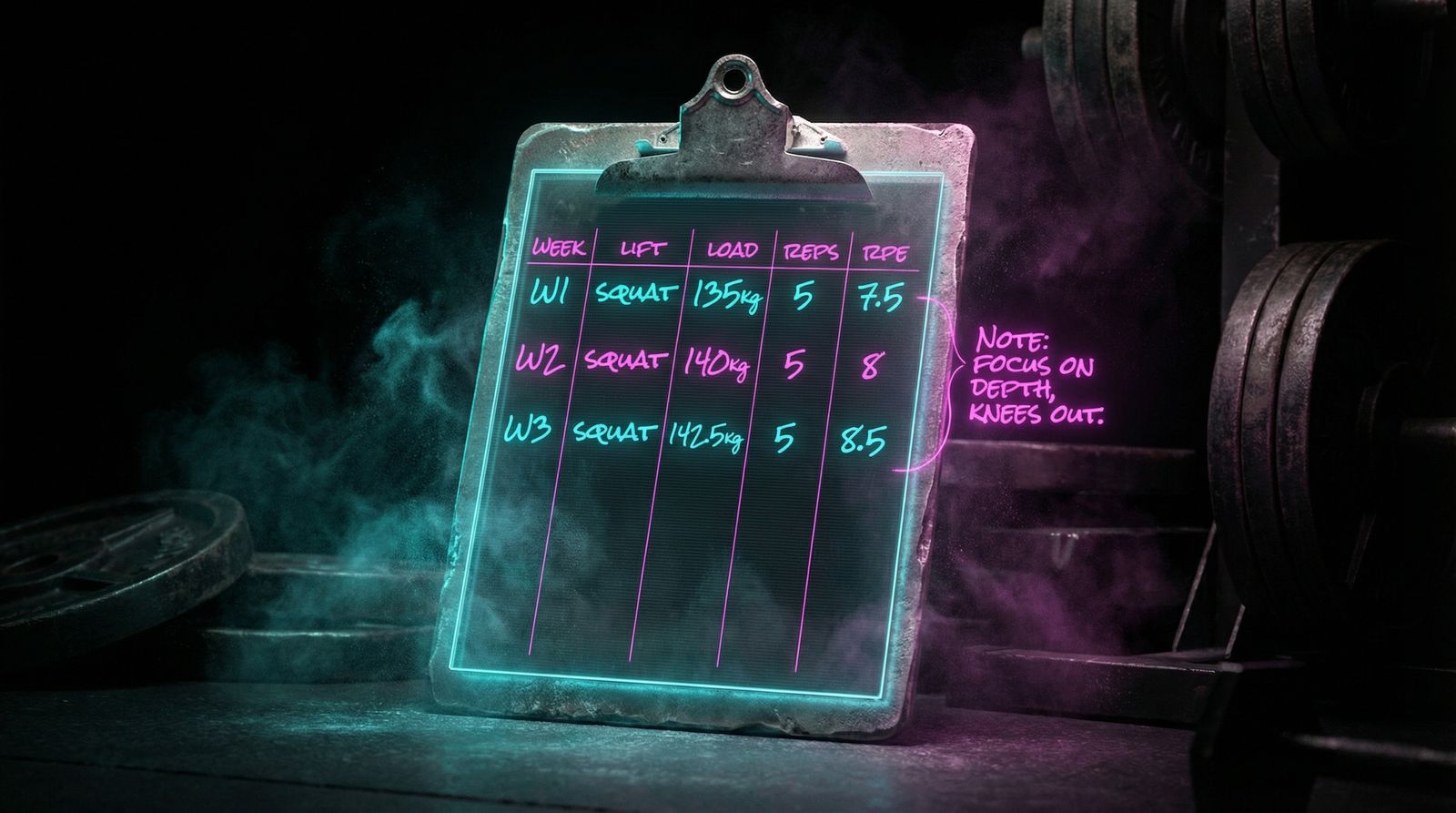 sample training log page showing three weeks of squat entries with progressive load increases, RPE annotations, and a technique note in the margin