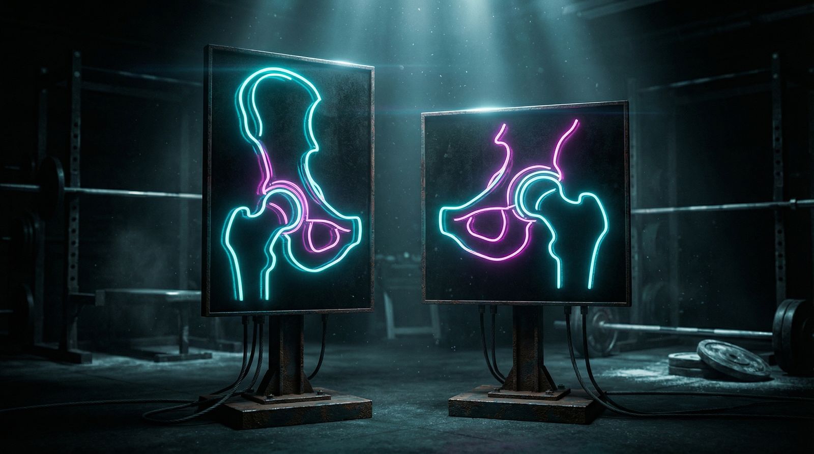 anatomical diagram-style illustration of hip socket orientation comparison, dark background, minimal clinical style with high-contrast highlights