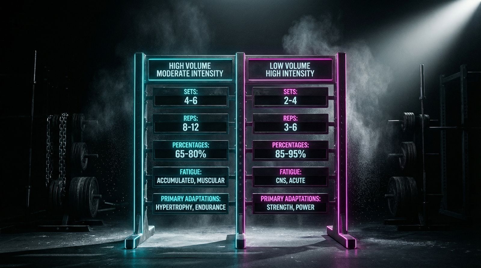 two-column comparison table contrasting high volume moderate intensity session vs low volume high intensity session, showing sets, reps, percentages, fatigue characteristics, and primary adaptations